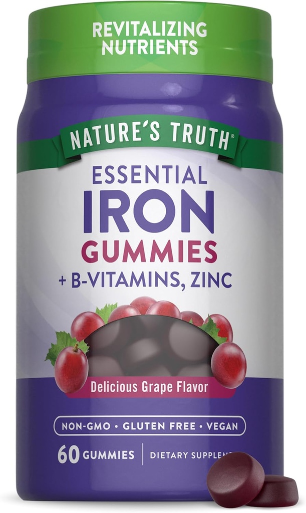 Nature's Truth Iron Gummies | 60 カウント | ヴィーガン、非GMO&グルテンフリーサプリメント | 亜鉛&B ビタミン | ブドウ味