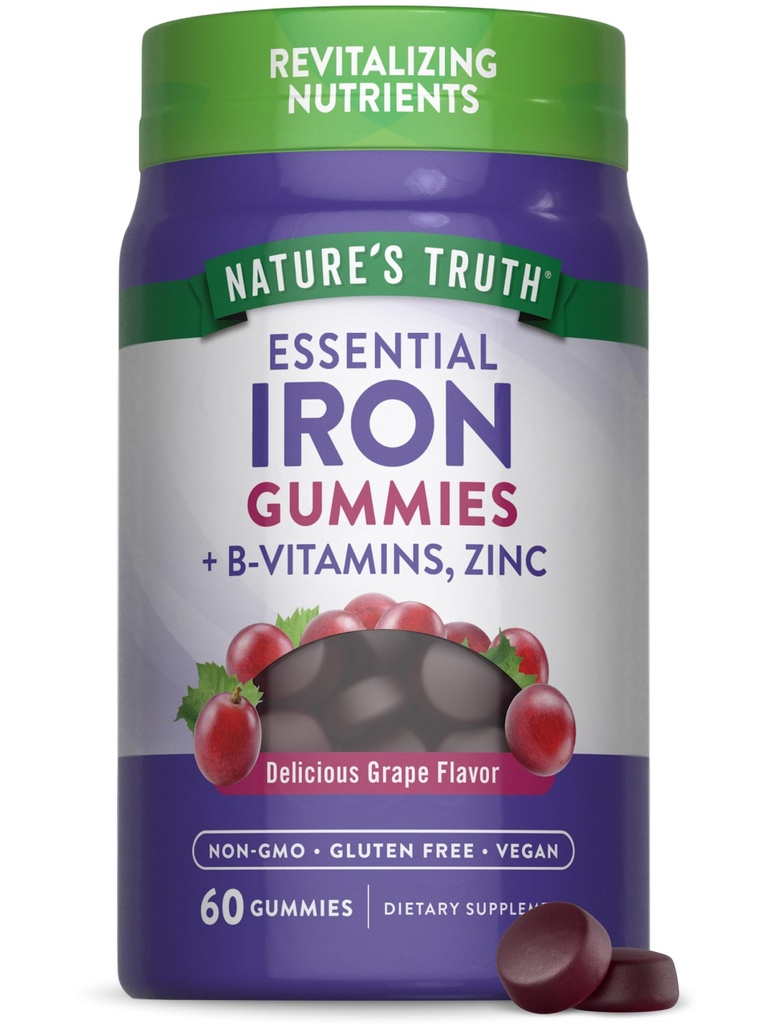 Nature's Truth Iron Gummies | 60 カウント | ヴィーガン、非GMO&グルテンフリーサプリメント | 亜鉛&B ビタミン | ブドウ味