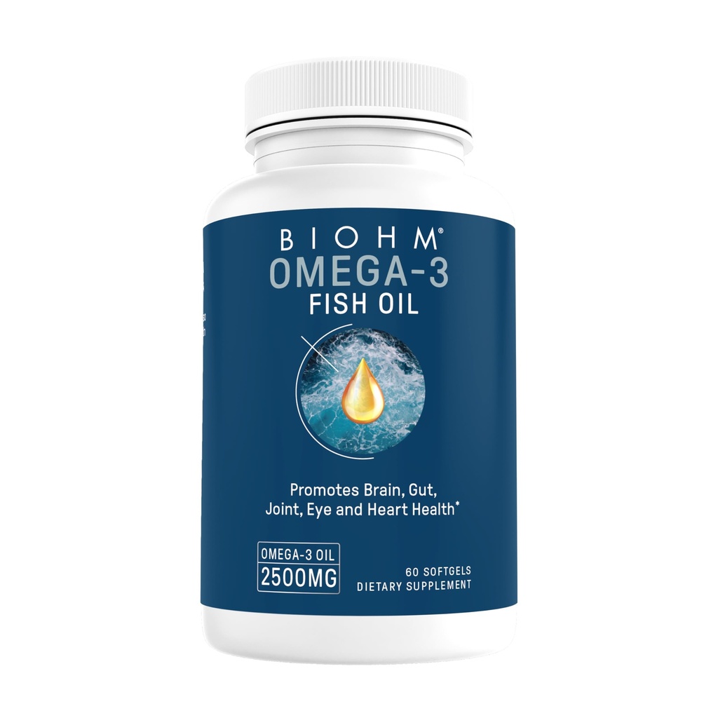 BIOHM Omega-3の魚油(2500mg、60のSoftgels)の高い効力860mg EPA及び630mg DHA、Omega 3の脂肪酸の補足は頭脳、接合箇所、目、肝臓及び腸の健康、持続可能の源を支えます