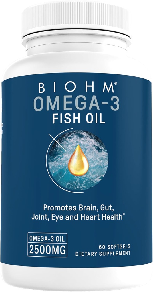 BIOHM Omega-3の魚油(2500mg、60のSoftgels)の高い効力860mg EPA及び630mg DHA、Omega 3の脂肪酸の補足は頭脳、接合箇所、目、肝臓及び腸の健康、持続可能の源を支えます