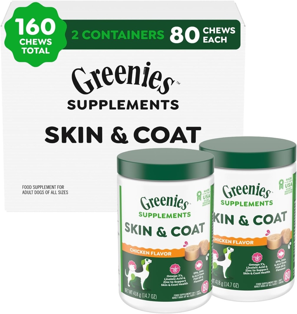 Greeniesは魚油及びオメガ3脂肪酸、鶏の味、80の計算のたらい、2のパックと犬の皮およびコートの補足を補います