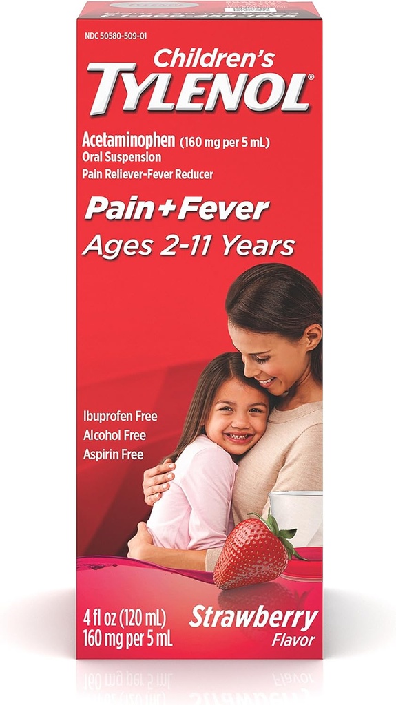 子供の Tylenol の口頭懸濁液の薬、子供の液体の薬の痛みのReliever 及び風邪のための Fever の減力剤 + Flu の症状、Aspirin、Ibuprofen 及びアルコール- 自由、いちご、4 の fl。 oz