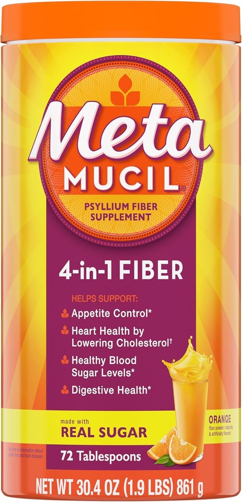 Metamucil 4-in-1のPsylliumのハスク繊維の補足、実質の砂糖、72の大さじ、オレンジ風味付けされた、植物ベースのPsylliumのハスク繊維となされる消化の健康のための毎日の繊維粉