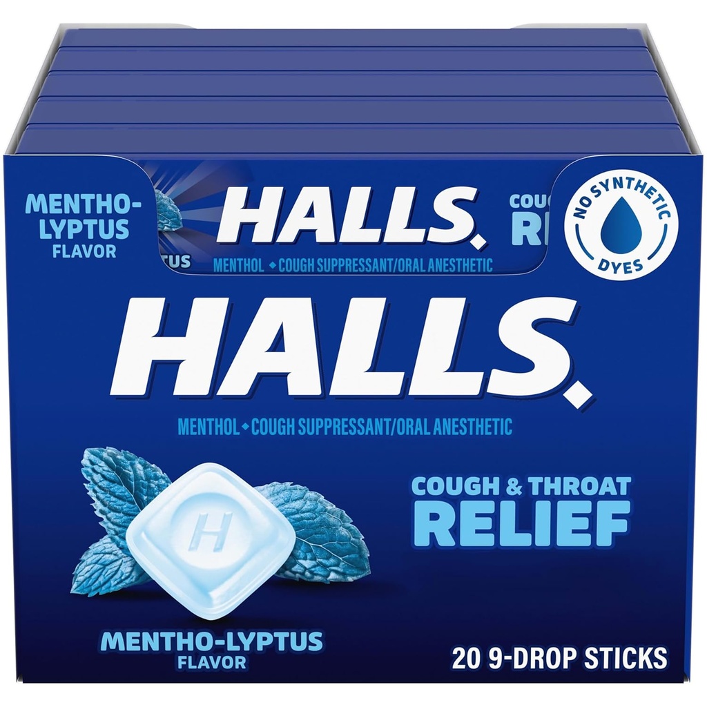 HALLSの咳および喉の救助のMentho-Lyptusの咳の低下、9の20の棒(180の合計の低下)