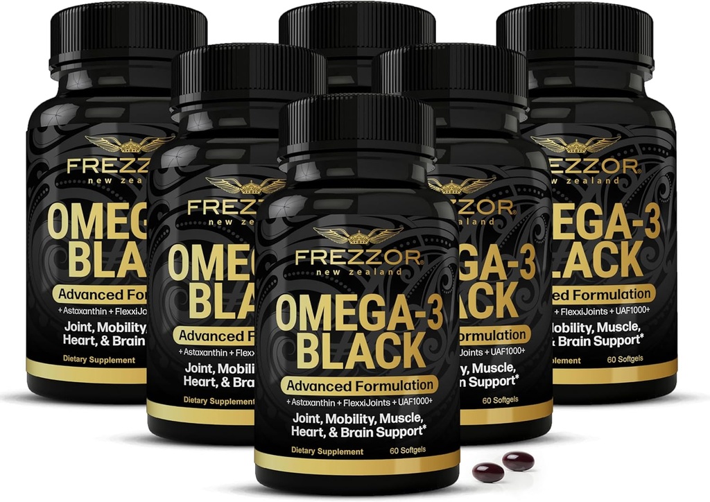 FREZZOR Omega 3 ブラック のための 共同ケア & コンフォート - ニュージーランド グリーン リッピング Mussel オイル カプセル; 53x 高い効力 と UAF1000 + スーパー 酸化防止, いいえ 魚 後味, 450 mg, 6 パック, 360 Softgels