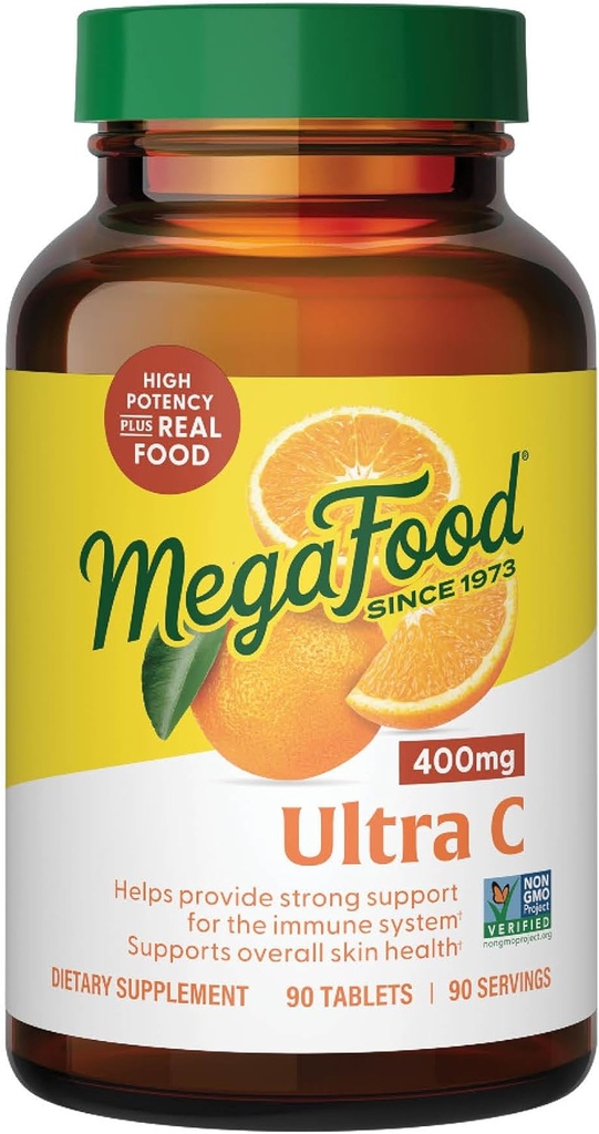 MegaFood Ultra C 400 mg - ビタミンCとビーガン免疫サポートサプリメント, ブロッコリーを含む本物の食品で作られています, ニンジン, クランベリー&玄米, グルテンフリー, コーシャ - 90 錠, 90 サービング