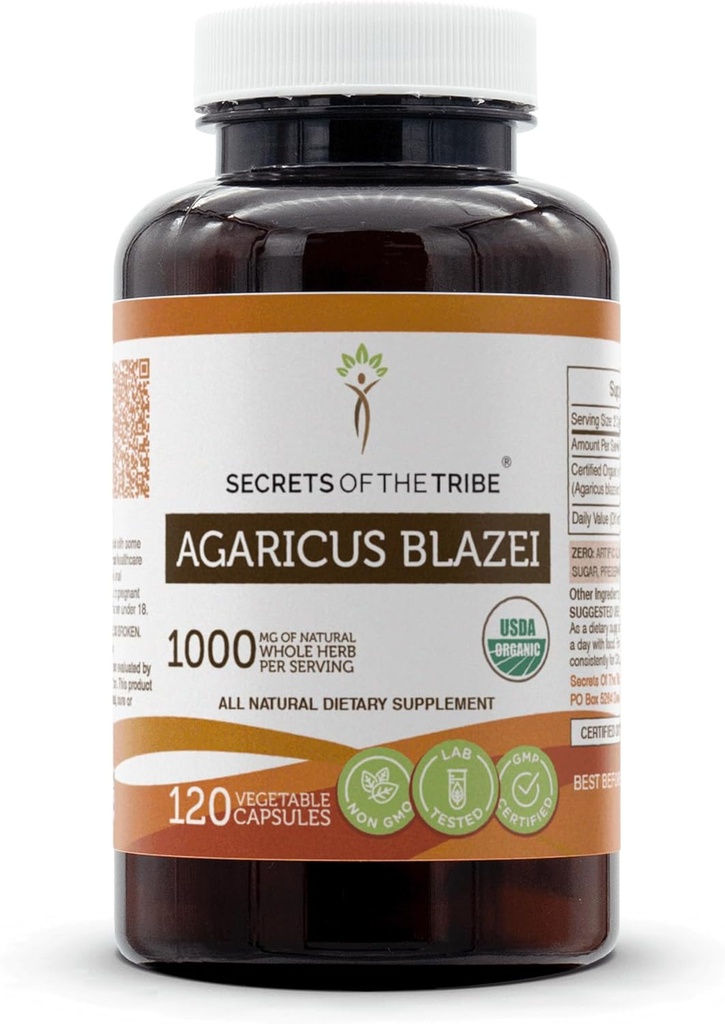 Tribe Agaricus Blazei 120カプセル、1000mg、USDA有機アガリクスブラッシュドマッシュルーム(120カプセル)の秘密