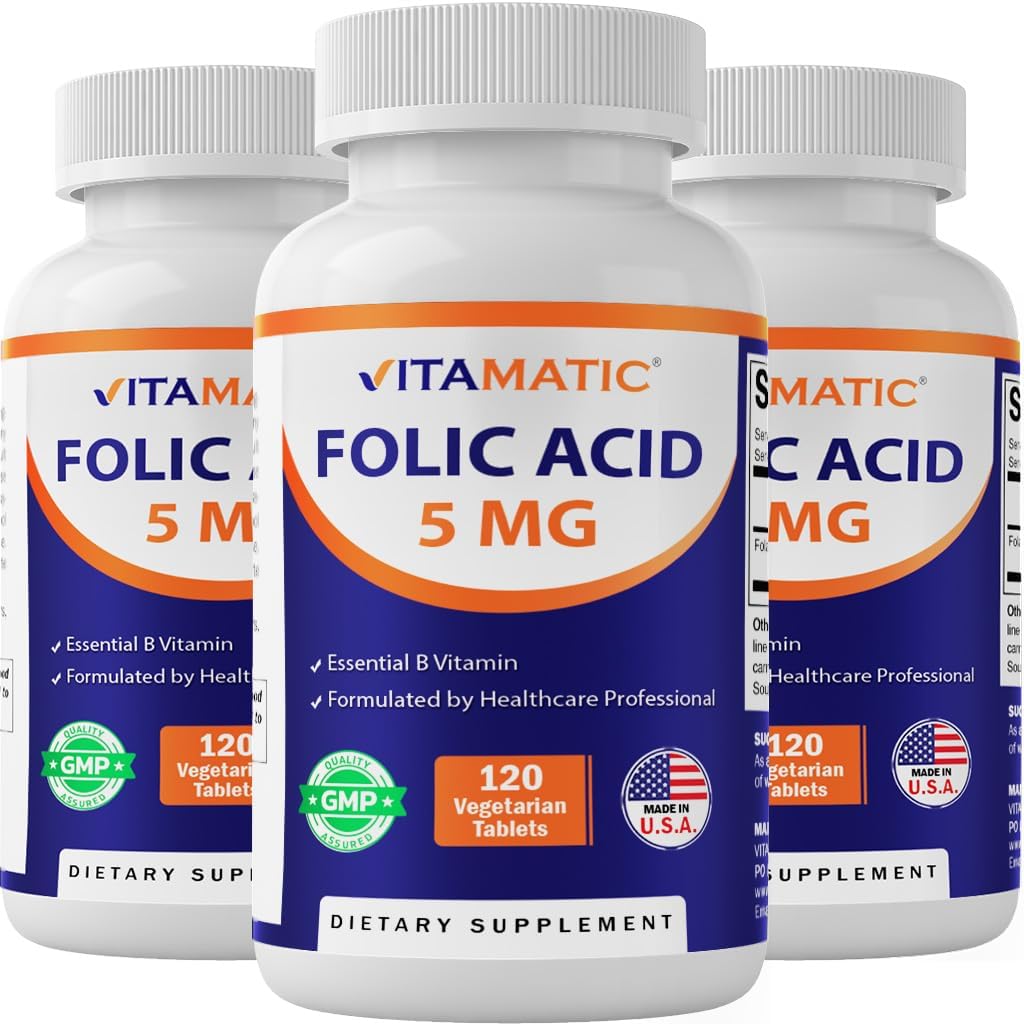 Vitamatic の葉酸 5mg (5000 mcg) - びんごとの 120 のベジタリアン タブレット–ビタミン B9 (Folate) - 3-パック | 合計 360 のタブレット