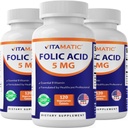 Vitamatic の葉酸 5mg (5000 mcg) - びんごとの 120 のベジタリアン タブレット–ビタミン B9 (Folate) - 3-パック | 合計 360 のタブレット