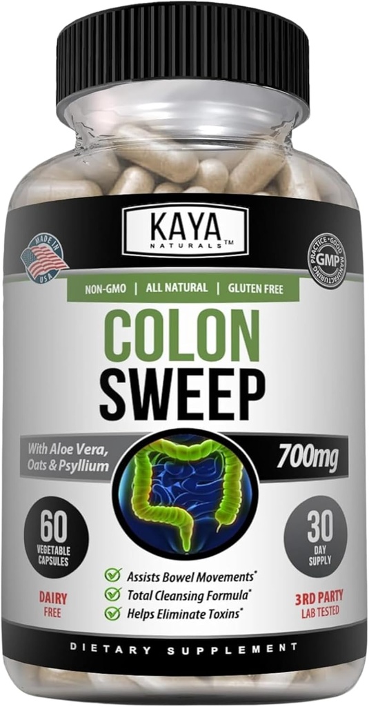 Kaya Naturals Colon Sweep | Colon Cleanser 30-Day Fast-Acting with Herbs & Probiotics, Supports Healthy Bowel Movements, Cleansing Formula with Fiber, Non-GMO - 60 Capsules
