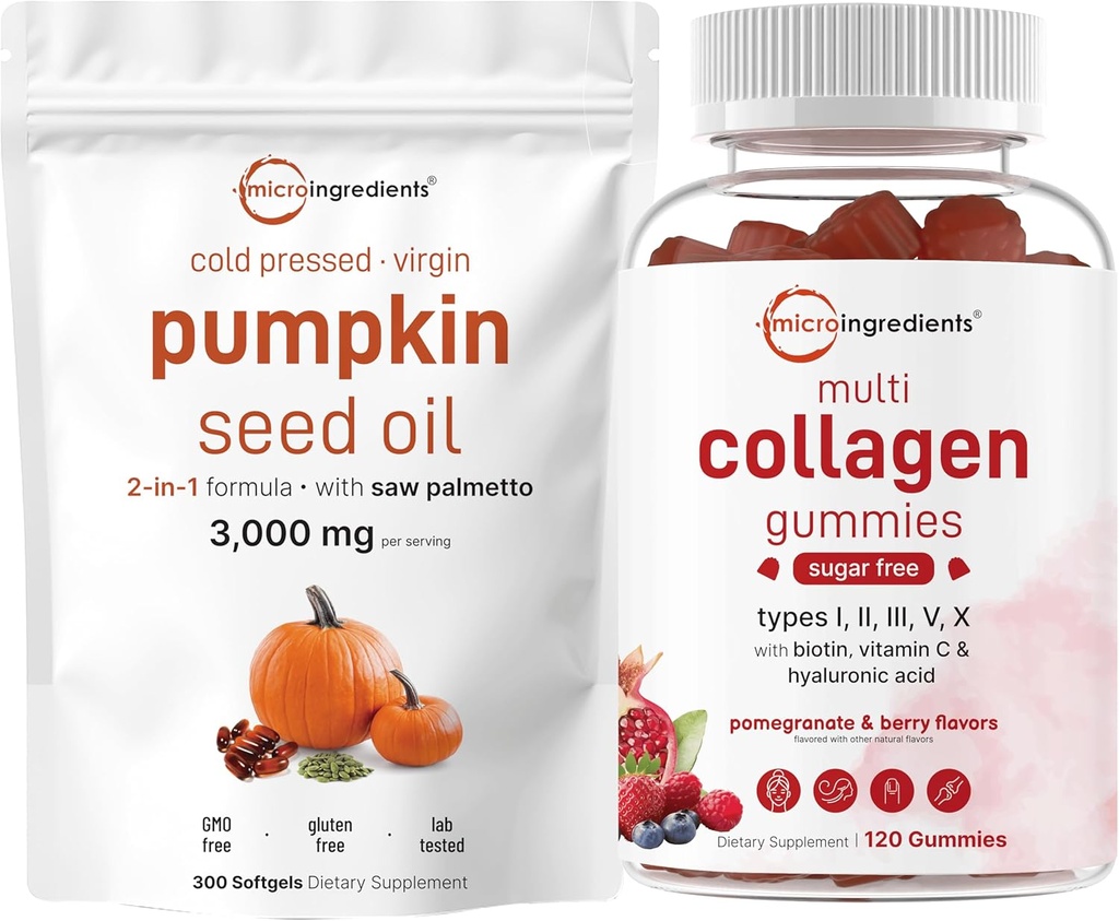 マイクロ成分カボチャシードオイル ソーパルメット 3,000mg ソフトゲル&マルチコラーゲンペプチドガミー | 2パック | 冷間プレスバージンオイル | 砂糖無料 + バイオチン、ヒアルロン酸、ビタミンC複合体