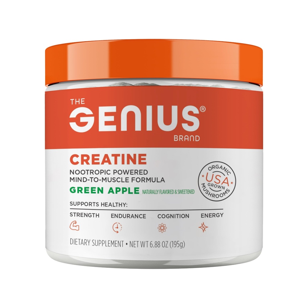 Genius Micronizedのクレアチンの一水化物の粉、ポストのワークアウトの補足、緑のApple - 100%の自然に風味付けされる及び甘くされるサポート 筋肉建物、細胞エネルギー及び認知機能– 195g