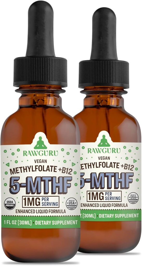 RawGuru Methylfolate 1mg +ビタミンB12 - 有機ビーガンメチル化B12 トレースミネラル - ナノ加工&強化液体式 - 300 30mlあたりのビーガンドロップのサービング、パック2