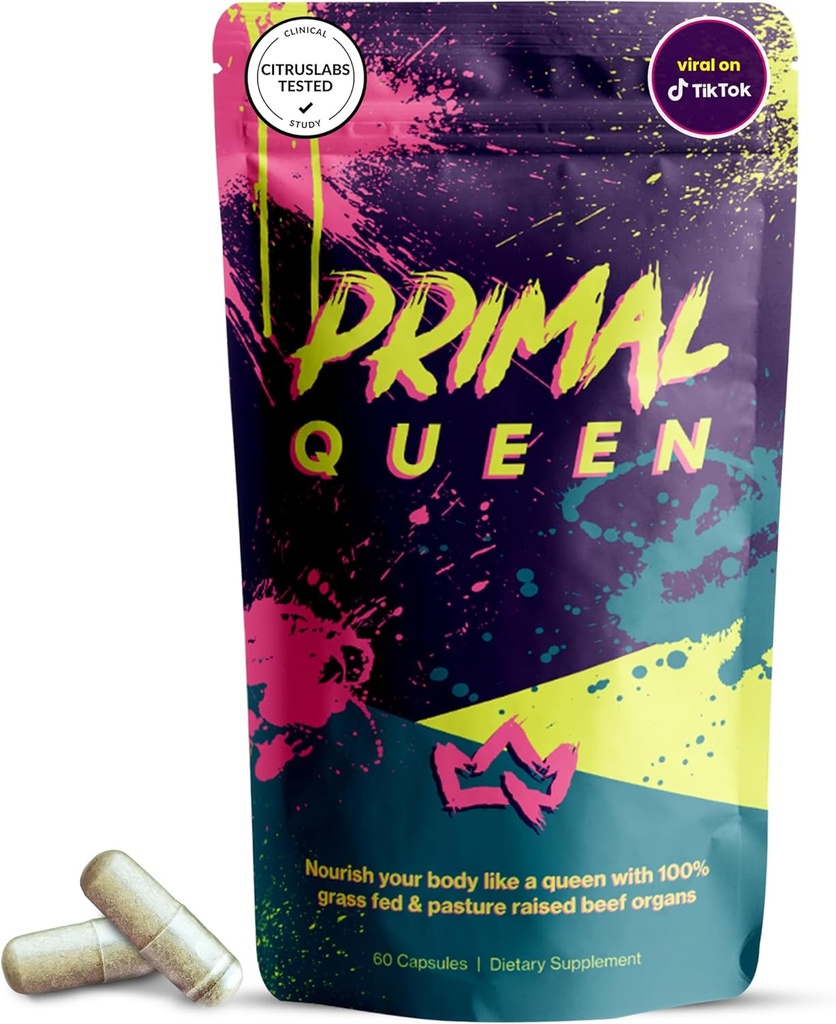 Primal Queen Female-Optimized Beef Organ Superfood Supplement (Beef Liver, Kidney, Heart, & 3 More) - 100% Grass Fed, Pasture Raised Cattle - Balance Hormones, Energy, & More for Women