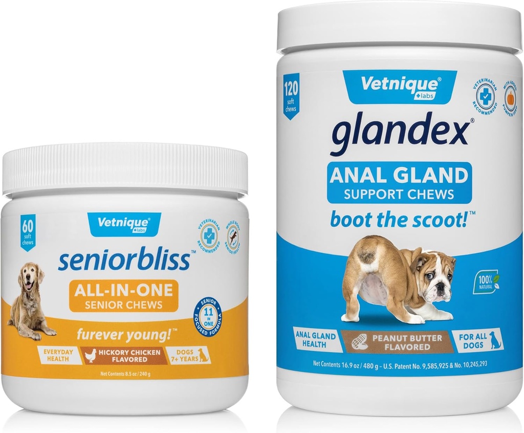 Vetnique Labs Glandex Anal Gland Support Chews Peanut Butter 120 CtとSenibliss All-in-1 Chews 60 Ctバンドルピーナッツバター、ヒッコリーチキン、犬と猫、グルコサミン、マルチビタミン