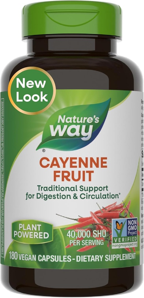 Nature's Way Cayenne Pepper カプセル, 伝統的な消化と循環サポート*, Capsaicin, Non-GMO プロジェクト 検証済み, グルテンフリー, 180 ビーガンカプセル (パッケージ 5 月 Vary)