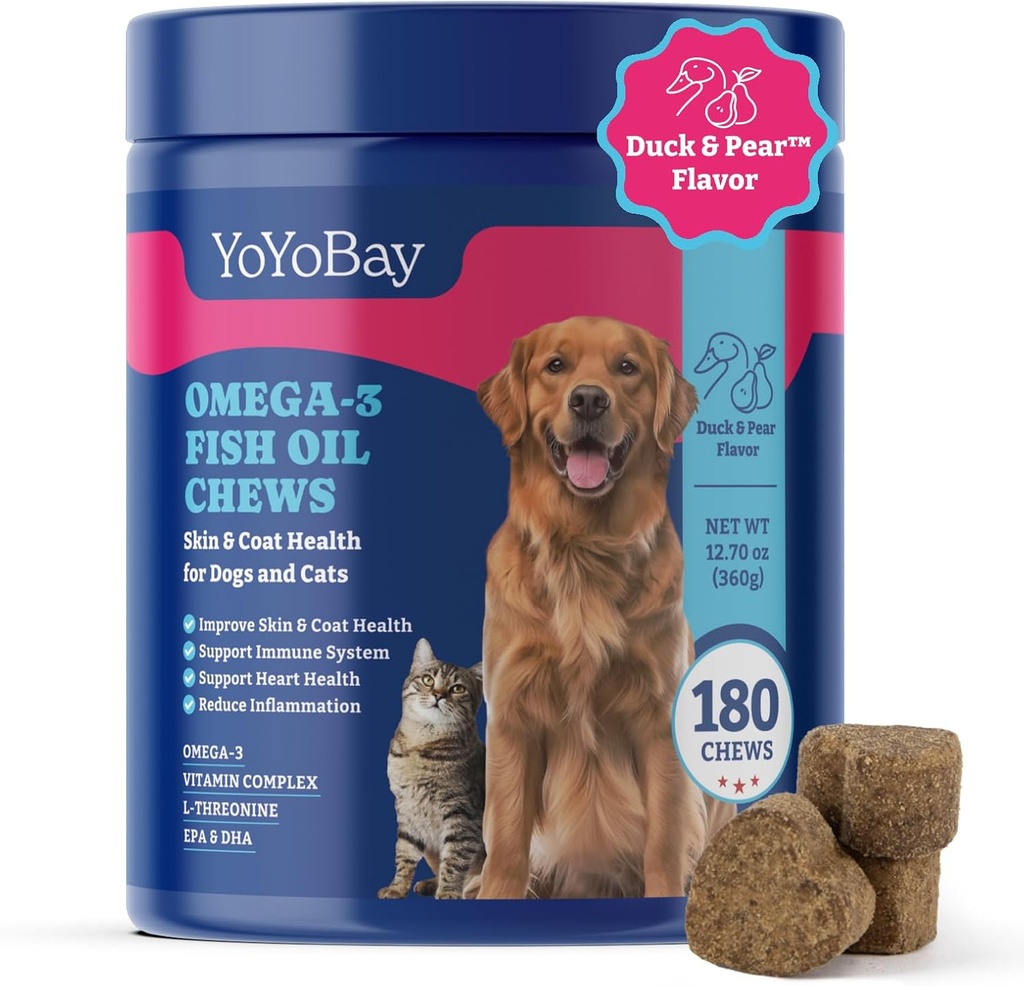犬と猫のための魚油の咀嚼、犬のためのオメガ3魚油 - 亜麻仁油、EPA&DHA - 180ソフト咀嚼、ダック&パール風味 - アンチ炎症、皮膚&コート健康