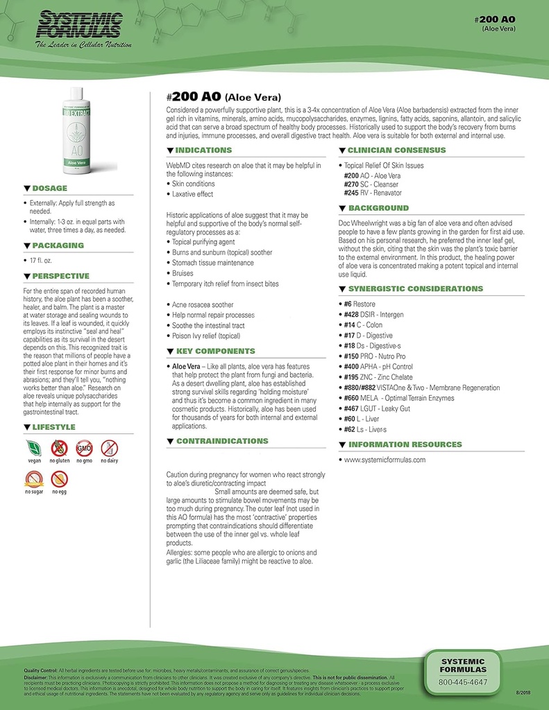 全身の式 AO – アロエベラ 16 Fl Oz BioExtract #200. 3-4x インナーゲルリッチからアロエベラエキスの濃縮. 内部および外部の使用のため.