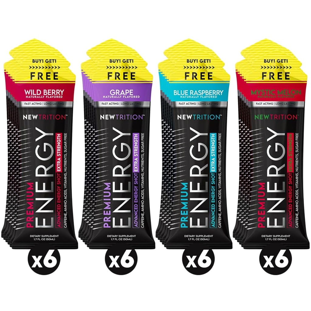 NewTrition® の余分強さのエネルギーは 1.7 の fl の oz (パッケージの 24 の 4 つの味) - 250mg のカフェイン の B のビタミン及びアミノ酸、焦点及び耐久性のための砂糖なしのゼロカロリーのビタミン エネルギー飲み物(Mixed-1)