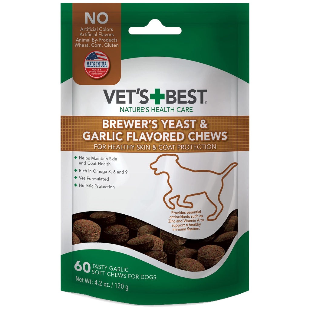 Vet's Best Brewer's Yeast & Garlic Chews, Omega 3 for Dogs Healthy Skin & Coat Protection for Dogs, 獣医推奨用量で処方された犬, ニンニクサプリメント, 60 ct