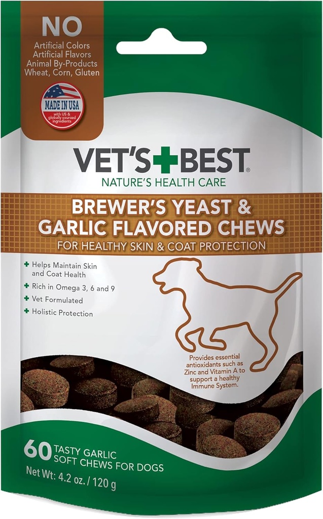 Vet's Best Brewer's Yeast & Garlic Chews, Omega 3 for Dogs Healthy Skin & Coat Protection for Dogs, 獣医推奨用量で処方された犬, ニンニクサプリメント, 60 ct
