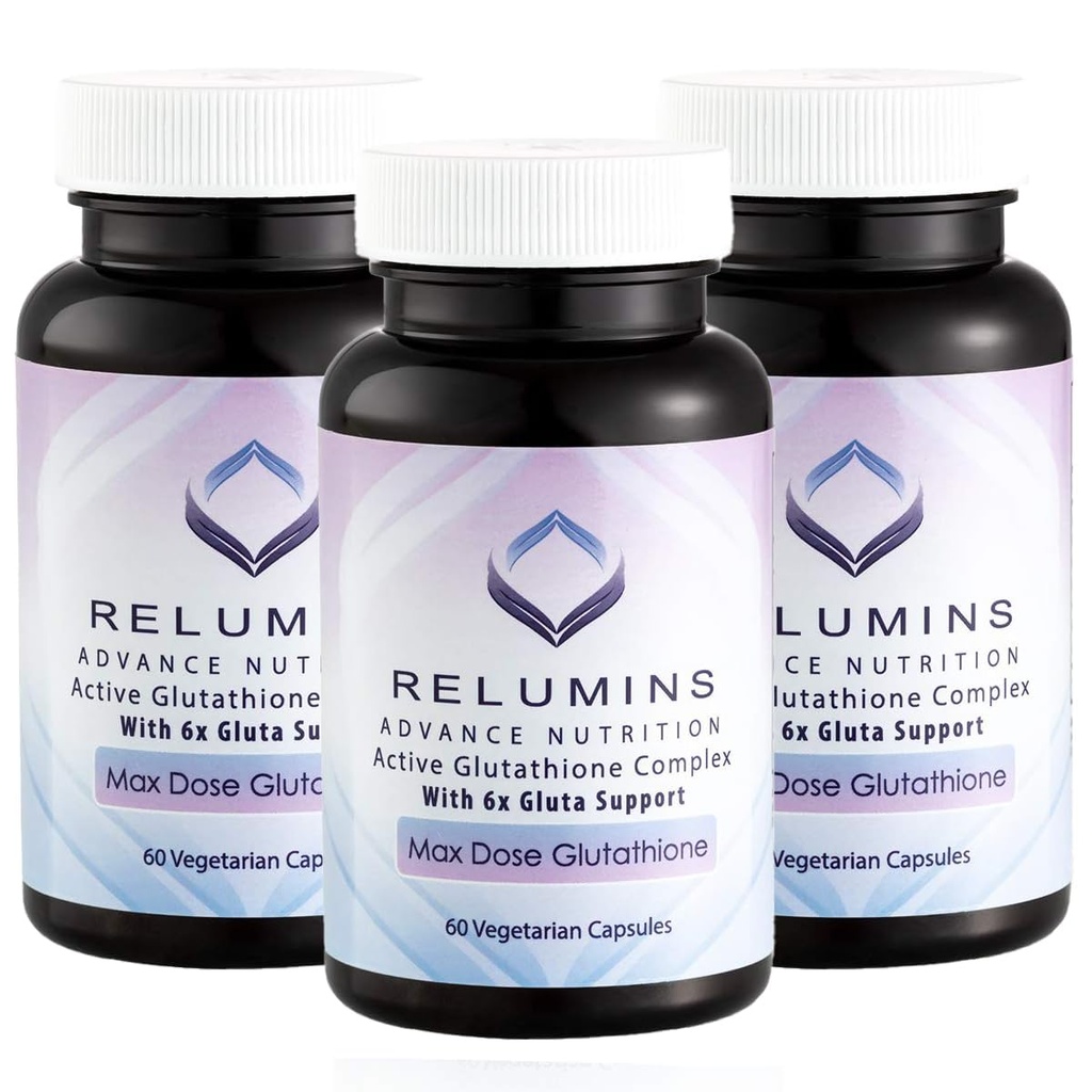 Relumins Advanceの白い活動的なグルタチオンのコンプレックス- 6Xのブースター、ALA及びNACの最高の線量900mgグルタチオン-反老化の皮の明るくなる補足- 60の帽子x 3のびん