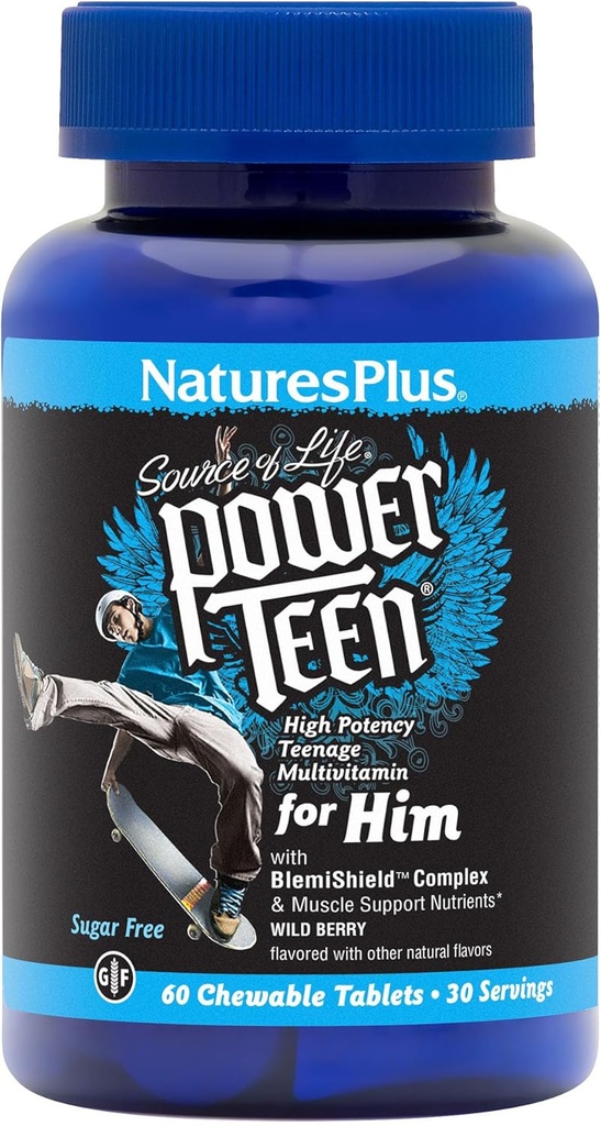 Natures Plus Power Teen for Him - 60 Chewableタブレット、ワイルドベリー - High-Potency Teenage Multivitamin - Sugar Free、ベジタリアン、グルテンフリー - 30サービング