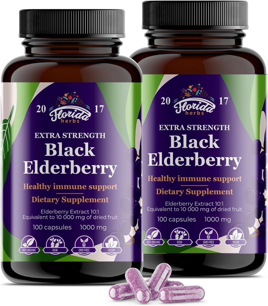 ブラックエルダーベリーカプセル | 200 カウント - 10,000mg | サムブカス エルダーベリー ビタミン, ノン GMO, グルテンフリー, 有機エルダーベリー エキス サムブカス ニグラ - 200 ビーガン カプセル - パック 2
