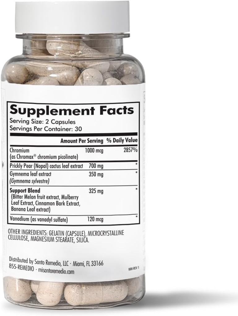 サント・レメディオの独占フォーミュラとノパル、クロミウム・ピコリネート(Chromax)、グルマール(Gymnema Silvestre)、バナジル硫酸。 60カプセル(30サービング)