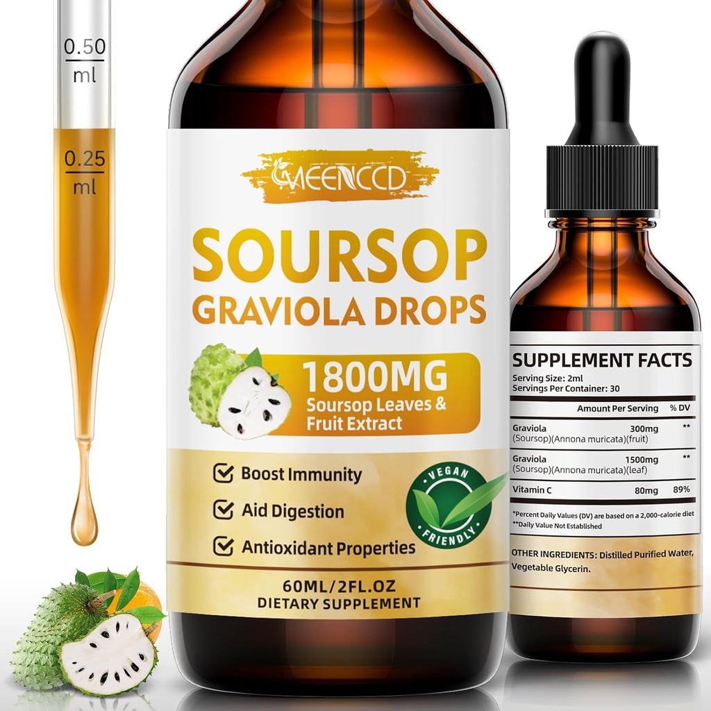 Soursop Graviolaの液体は1800mg、自然な酸化防止剤、細胞サポート及び再生、免疫のブースト、Soursopのビターの液体、砂糖なし、非GMO、ビーガン、オレンジ味、2つのFLのOZを落とします