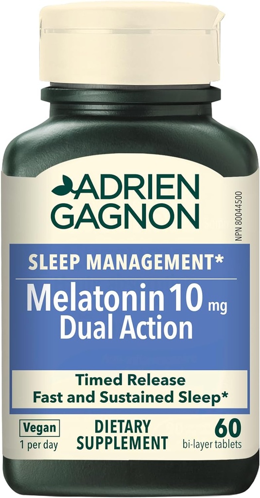 Adrien Gagnon - Melatonin 10mg、ディープスリープのためのデュアルアクションタイムリリースMelatonin、大人のための自然な睡眠補助剤、60ビーガンMelatonin高速解体タブレット