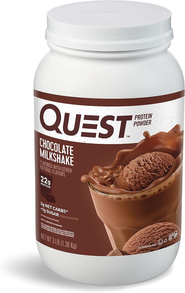 Quest Nutrition Chocolate Milkshake Protein Powder, 22g Protein, 1g Sugar, Low Carb, Gluten Free, 3 Pound, 43 サービング