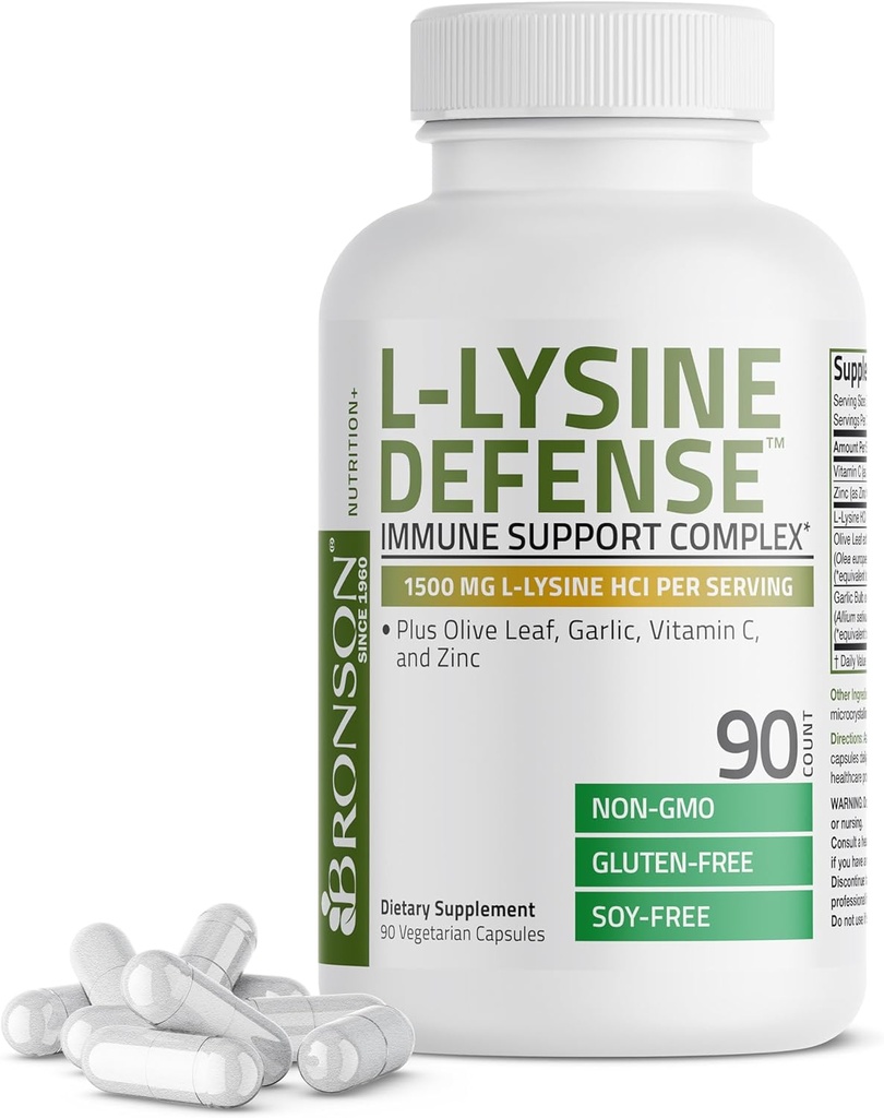 Bronson L-Lysine防衛免疫サポートコンプレックス1500 MG L-Lysineプラスオリーブリーフ、ニンニク、ビタミンCと亜鉛 - 非GMO、90ベジタリアンカプセル