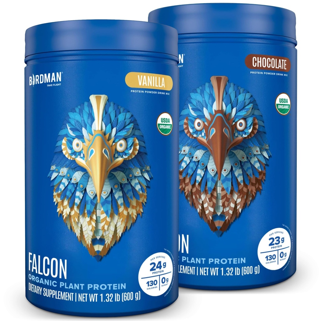 BIRDMAN Falconビーガンプロテインパウダーオーガニック、ステビア&シュガーフリー、植物ベース、低炭水化物、乳製品無料、ケト、ノンウィー、プロバイオティック、エンドウ豆プロテイン コンボパック:バニラ&チョコレートフレーバー - 20 各サービング