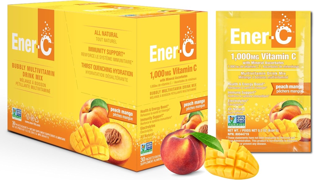 Ener-CピーチマンゴーマルチビタミンドリンクミックスパウダービタミンC 1000mg & リアルフルーツジュースナチュラルエネルギーと電解質剤 & 女性&男性のための免疫サポート - 非GMOビーガン&グルテンフリー - 30カウント