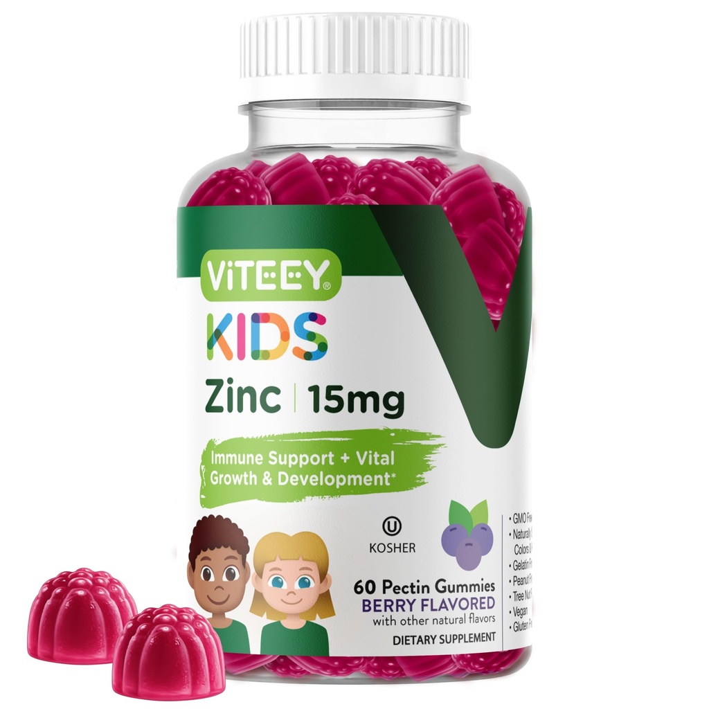 子供のためのViteey亜鉛グミー、15mg - 免疫サポート - 強力な自然酸化防止剤、キッズ亜鉛ビタミンサプリメント - ビーガン、ゼラチンフリー、グルテンフリー - おいしいChewableベリー風味ガミー
