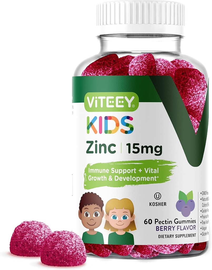 Viteey Zinc for Kids Gummies, 15mg - Immune Support - Powerful Natural Antioxidant, Kids Zinc Vitamin Supplement - Vegan, Gelatin Free, Gluten Free - Tasty Chewable Berry Flavor Gummy