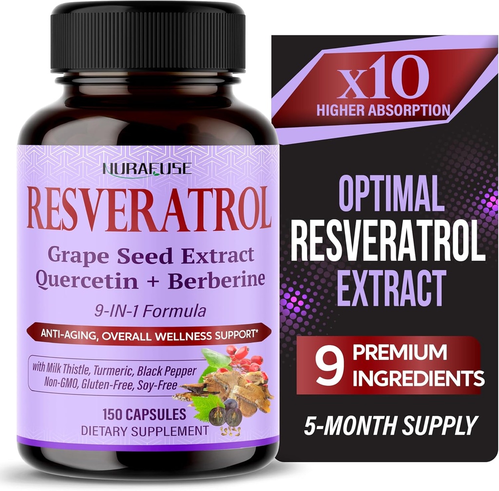RESVERATROL 9-in-1フォーミュラ - ミルクアッスル、ターメリック、ブラックペッパー非GMO、グルテンフリー、大豆フリー
