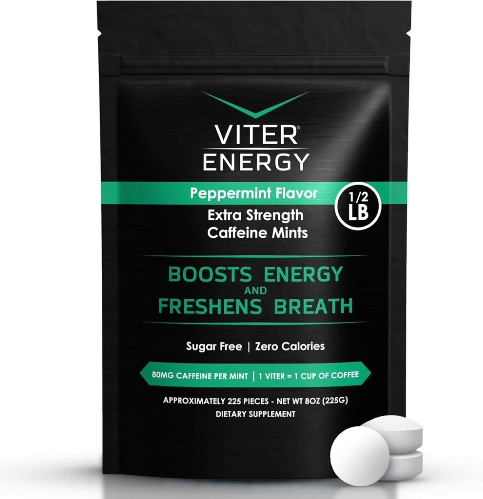 Viter Energy Extra Strength Caffeinated Mints 80mg Caffeine, B Vitamins, Sugar Free. (Peppermint, 8oz, Bulk Bag)