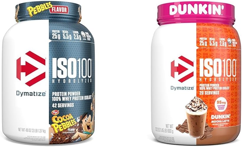 Dymatize ISO100水分解蛋白質の粉及びDunkin' Mocha Latteの味のISO100の加水分解蛋白質の粉