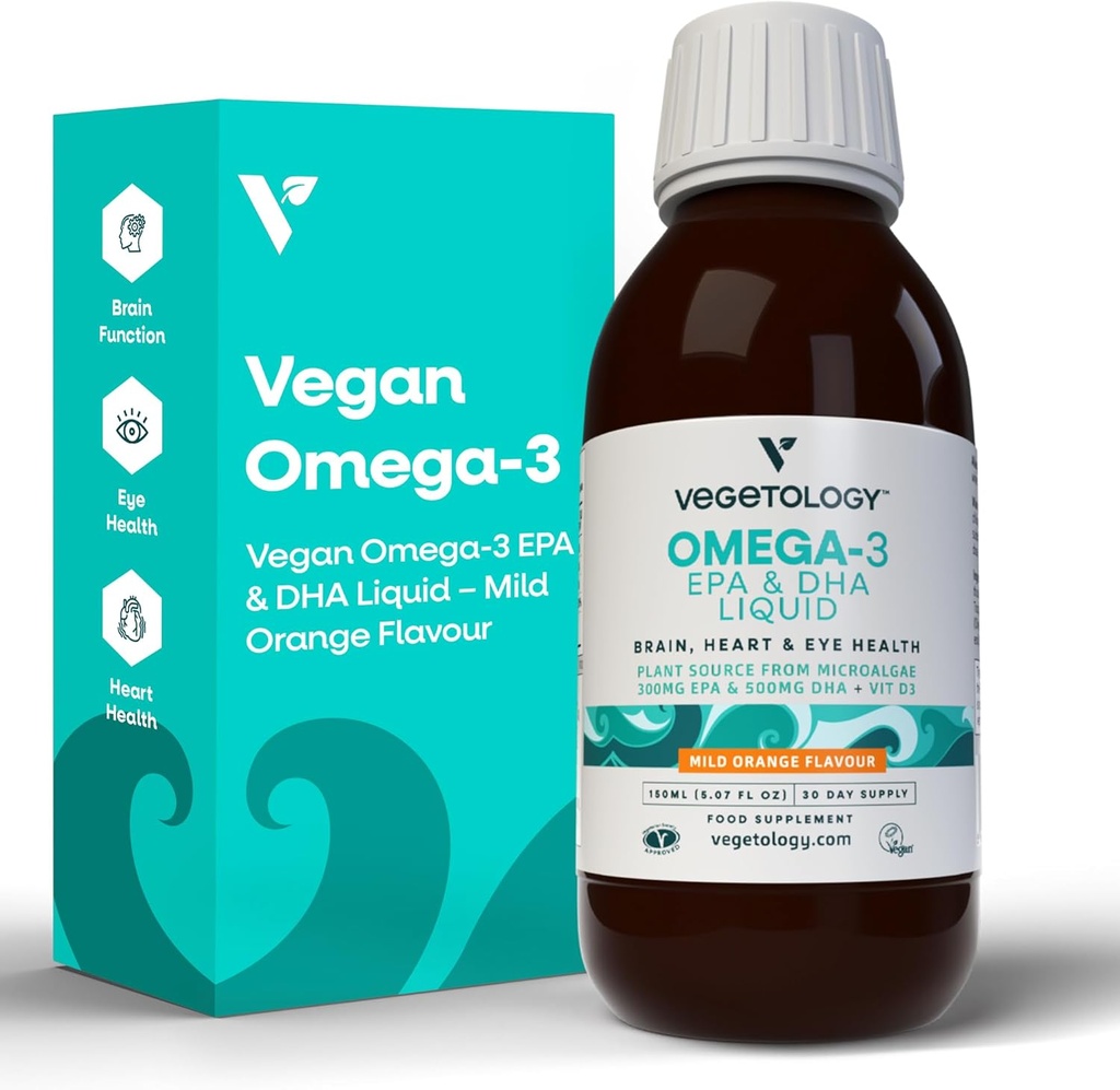 ビーガンオメガ3液体, マイクロ藻から, EPA DHAの800mg, ビタミンD3と, サポートハート, 脳, 目の健康, 天然魚油代替, 英国メイド, マイルドオレンジ風味