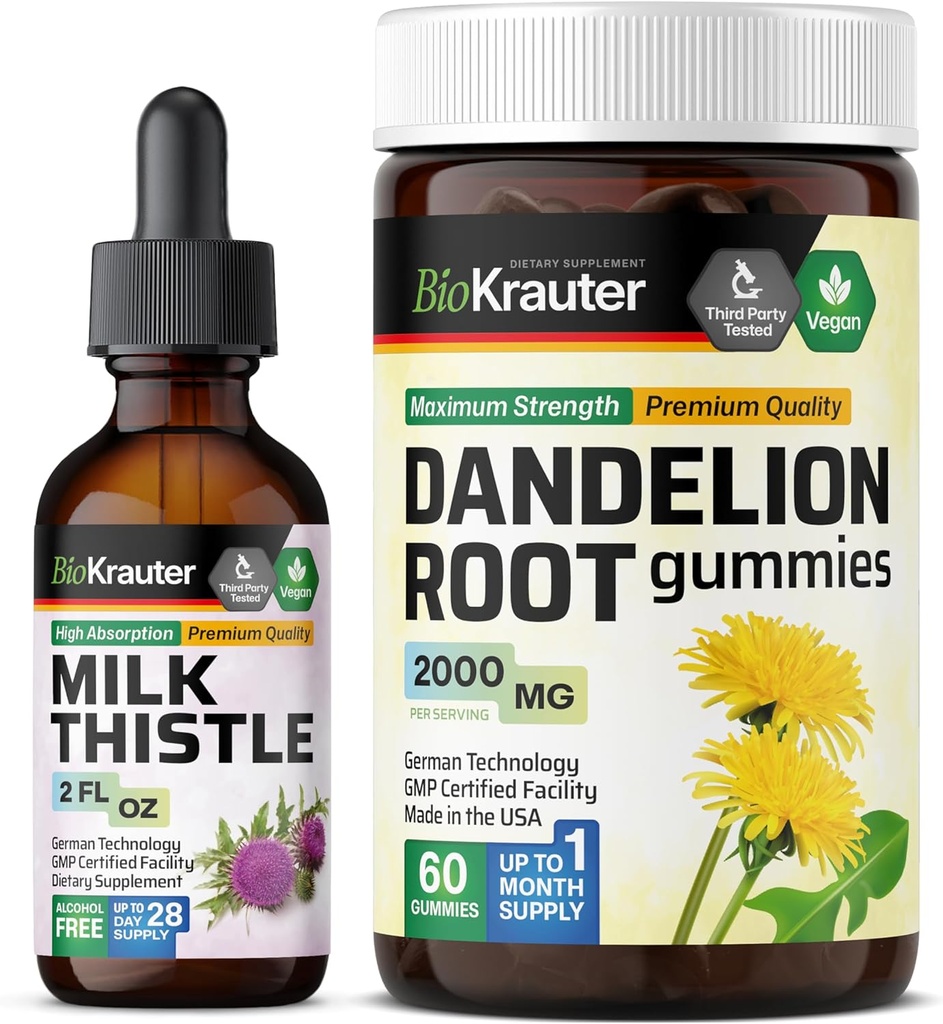 BIO KRAUTER Milk Thistle Tincture 2 Fl. Oz. & Dandelion 60 Gummies