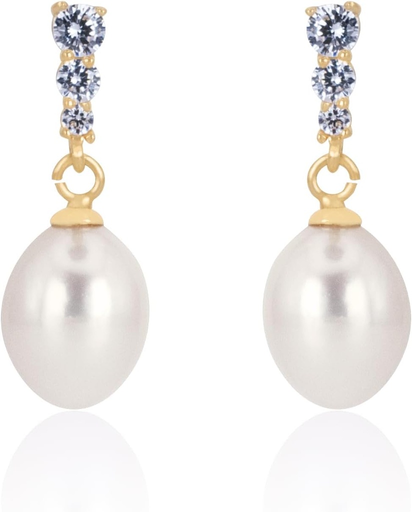 18K Gold Plated Sterling Silver Dangle White Drop Handpicked Quality Freshwater Cultured Pearl Wedding Earrings with Cubic Zirconia Crystals Pearl Bridal Earrings Jewelry for Brides