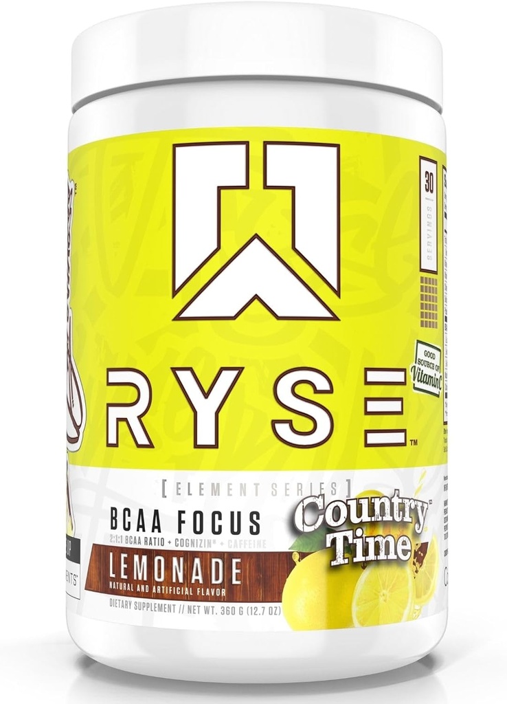RYSE BCAA Focus Powder - Country Time Lemonade - BCAA Supplement with Electrolytes, Natural Caffeine & Cognizin Supports for Hydration, Recovery, Energy, and Focus for Men & Women - 30 Servings