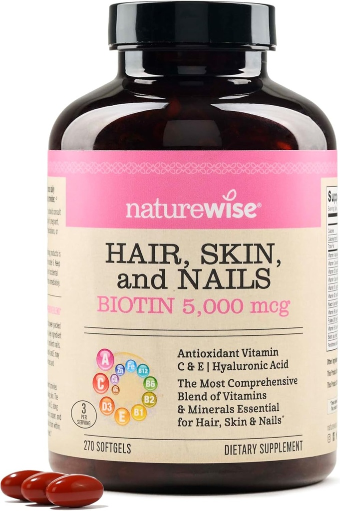 NatureWiseの毛皮および釘のビタミン、Biotin 5000mcg w/Hyaluronic酸、C、Bの複雑、D3、A、E、鉄-非GMOのグルテンフリー- 270 Softgels[3か月の供給]