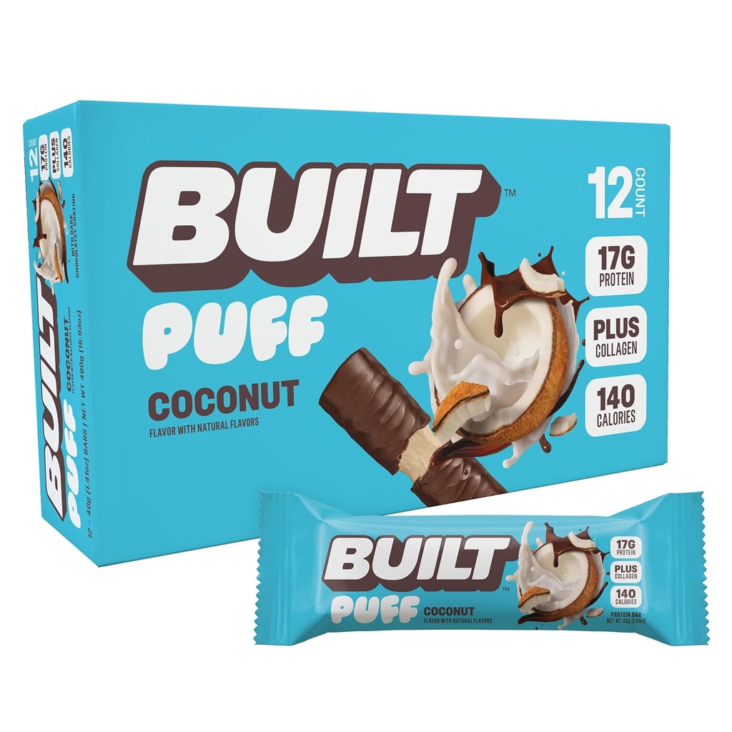 Built Bar, Puff Protein Bars, Coconut Puff, 17g Protein Snacks, On-The-Go Bars, Only 140 Calories, 6g Sugar, Collagen, Gluten Free, 12 Count