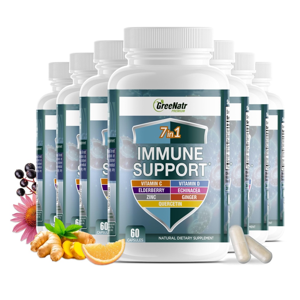 GreeNatr 7 in 1ビタミンC、ビタミンD3、亜鉛50mg、ケルセチン、エキナセアPurpurea、Sambucus Elderberryと完全免疫防衛のためのジンジャー - 60カプセル(12ボトル)