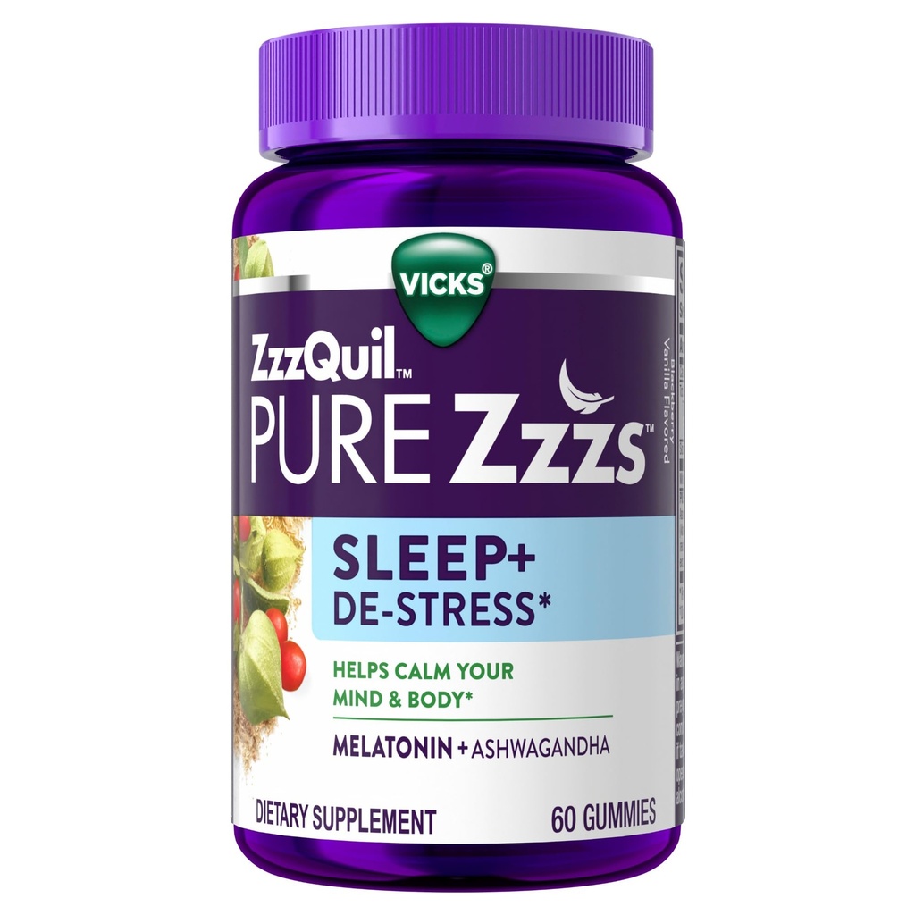 ZzzQuil PURE Zzzs De-Stress 2mg Melatonin Gummies、大人のための睡眠の援助、応力サポートのためのashwagandha、60のグミ