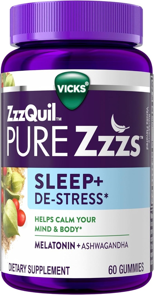 ZzzQuil PURE Zzzs De-Stress 2mg Melatonin Gummies、大人のための睡眠の援助、応力サポートのためのashwagandha、60のグミ