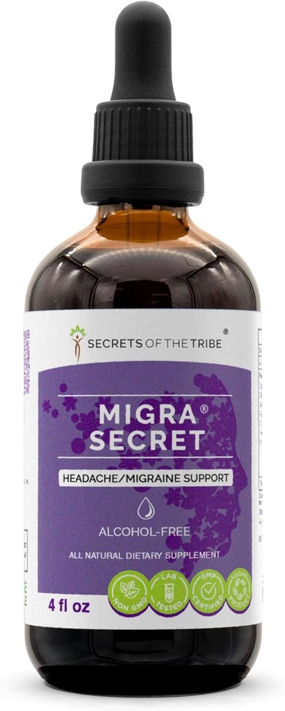 Migra Secret Alcohol-Free, Glycerite Feverfew, Ginger, Periwinkle, Ginkgo, Peppermint. Tincture, Herbal Extract Headache/Migraine Support 4 OZ